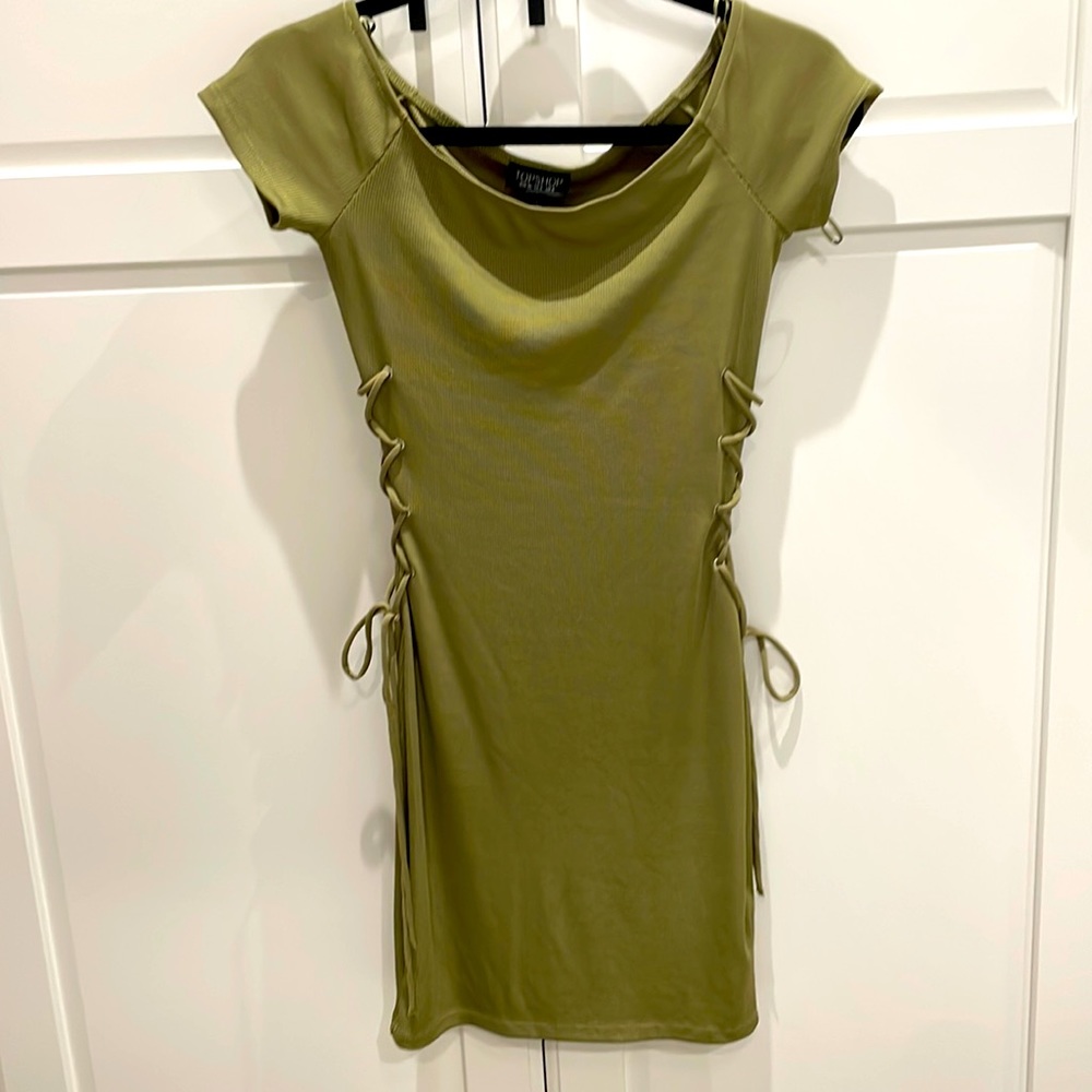 TOPSHOP olive green mini dress off the shoulder with tie details on the sides